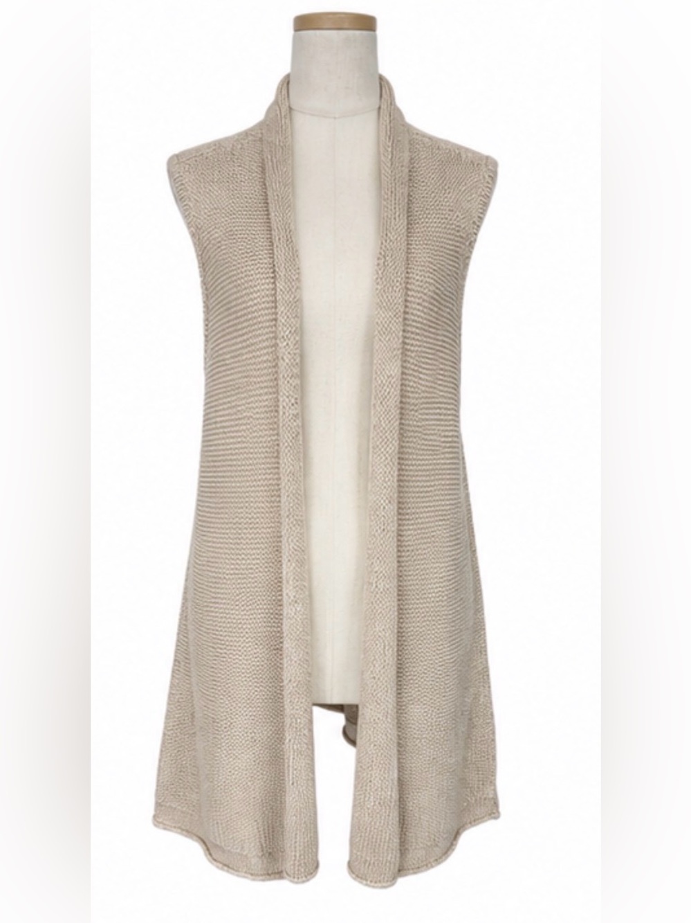 Cabi Linen Cotton Blend Open Front Sweater Vest Medium Beige Sleeveless Longline